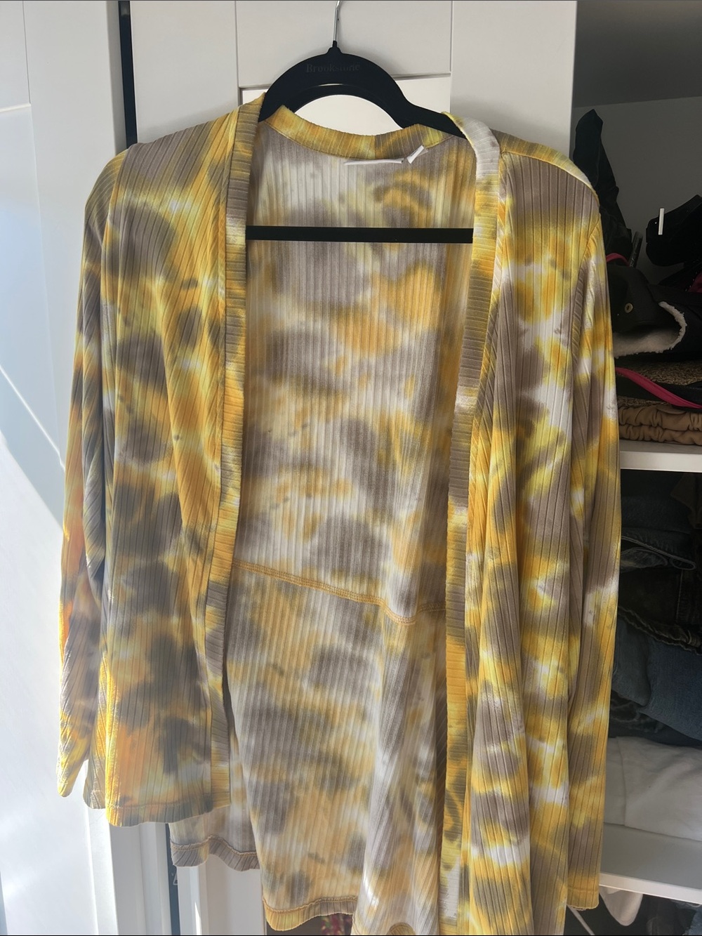 Susan Graver Yellow Gray Tie-Dye Open Cardigan